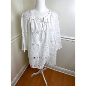 J.Jill White‎ Eyelet Tunic Top Blouse Floral Embroidered Women Size XL